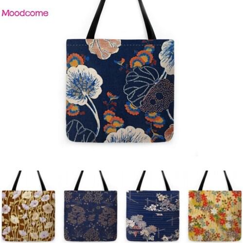 Navy Blue Water Resistant Supermarket Shopping Tote Bag Flower Durable Cotton Linen Shopper Foldable Grocery Shoulder Bag