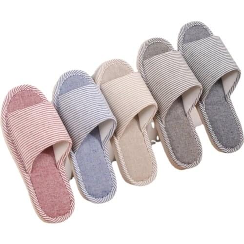 Spring and Autumn Men and Women Pinstripe Linen Slippers for Couples Indoor Wooden Floor Thick Bottom Non-slip Home Slippers