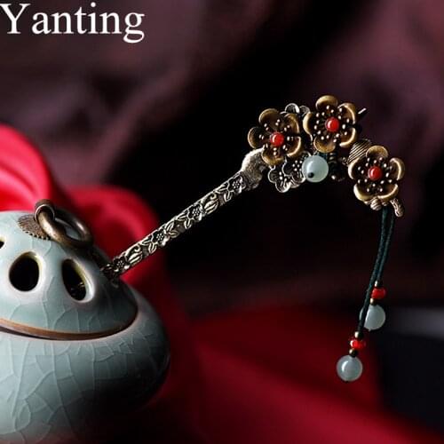 Yanting Ethnic Hairpin Hair Sticks For Women Zinc Alloy Stick Copper Flower Charms Aventurine Hair Jewelry Vintage Handmade 019