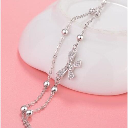 YSH new 100% 925 sterling silver Bowknot Zircon round bead anklet 2020 women fashion DIY jewelry mothers day gift free shipping