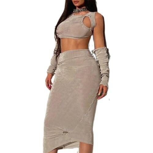 Hollow patchwork womens 2-piece long-sleeved short top off-the-shoulder mid-length skirt tight sexy streetwear 2021 summer