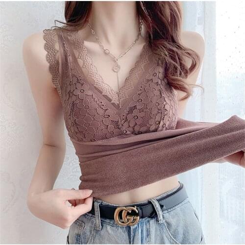 20 Autumn Winter Fashion Plus Size Women Add Velvet Lace Tops Based Sleeveless Tees Female Warm Vests Tanks Bottomings WZ1245