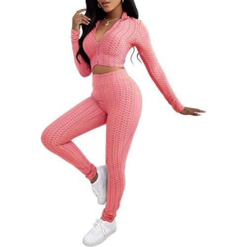 Autumn Sports Suit Women Fashionable Solid Color Pineapple Zipper Top + Pants Set Long Sleeve Sportswear Set Wholesale