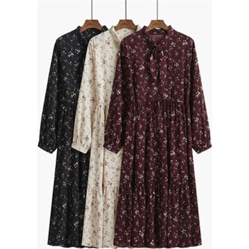 Vintage Dresses For Women 2021 Spring Floral Print Bow Long Sleeve Black Party Elastic Waist Plus Size Woman Dress 274