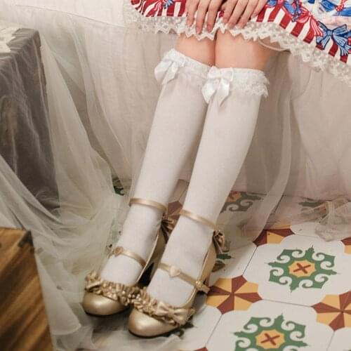 1 Pair Lolita Socks Girls Japanese Style Pure Color Bow Lovely Cosplay High Quality Spring Autumn Stage Performance Soft Socks