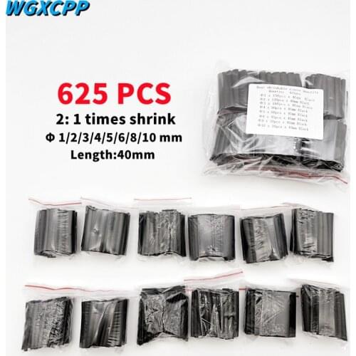 625PCS Heat Shrink Tubing,2:1,Length 40mm,1/2/3/4/5/6/8/10mm,Electrical Connection Tubing And Sheath Assortment Kit,Coiled Cable