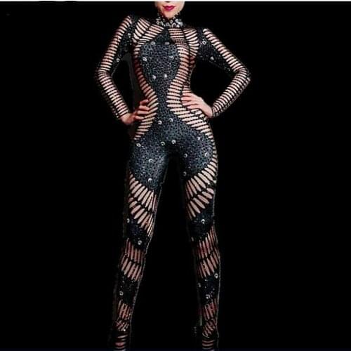 Bling Black Crystals Spandex Stretch Jumpsuit Evening Party Bodysuit Nightclub Bar Female Singer Outfit One Piece Sexy Costume