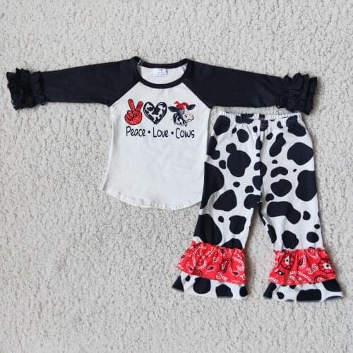 Boutique design girl black long-sleeved blouse cow spot print ruffled trousers girl fashion childrens clothing set