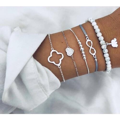 BLUESTAR Women Handmade Boho Alloy Bangle Heart Map lotus Shell Lady Chain Jewelry Bohemian Natural Stone Bracelets