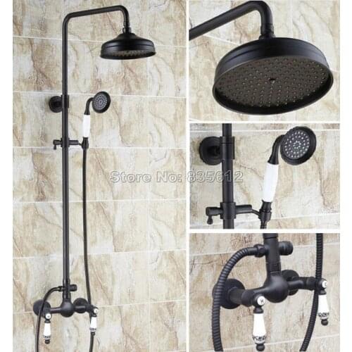 Black Oil Rubbed Bronze Bathroom Shower Bath Faucet Dual Handles Wall Mount Shower Mixer Taps 8" Rain Shower Head Wrs518
