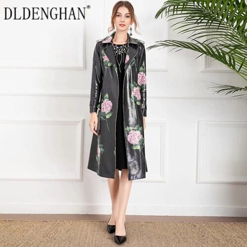 DLDENGHAN Fashion Designer Autumn PU Long Trench Women Turn-down Collar Long Sleeve Epaulet Flower Print Belt Outwear