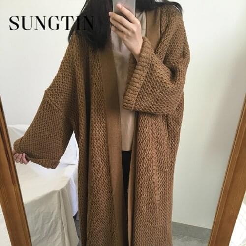 Sungtin Soft Warm Solid Long Oversized Knitted Cardigan Sweater Women Casual Loose Long Knit Sweater Coat Vintage Knitwear Chic