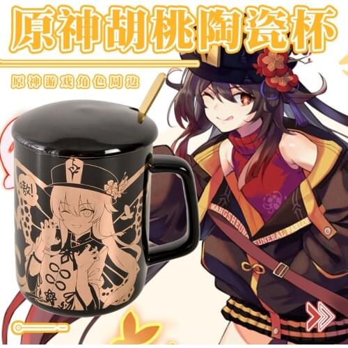 Game Anime Genshin Impact Hu Tao Ceramic Mug Cup Gold Stamping Men Women Spoon+Cup lid +Cup Fashion Xmas Gift Cup Coffee Water