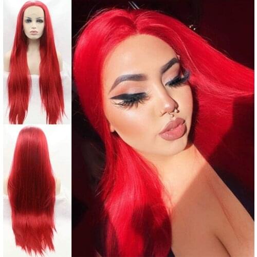 Red Color Natural Looking Synthetic Lace Front Wigs for Women Fashion Long Straight Fiber Hair Heat Resistant Full Wig 24 Inch