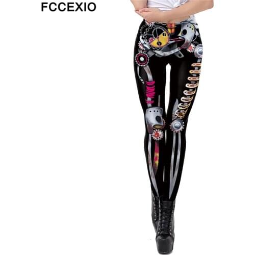 FCCEXIO New Women Fitness Workout Fashion Leggings Mech Skeletonl Digital Print Push Up Women Elastic Force Gothic Leggings