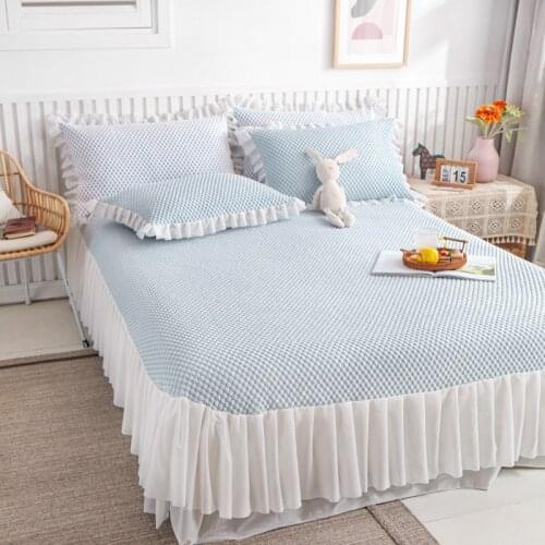 Summer Cooling Bedspread King Size Oversized Bed Cover Lace Ruffles Coverlets Bedsheet Queen Gray Blue with Two Pillow Cases