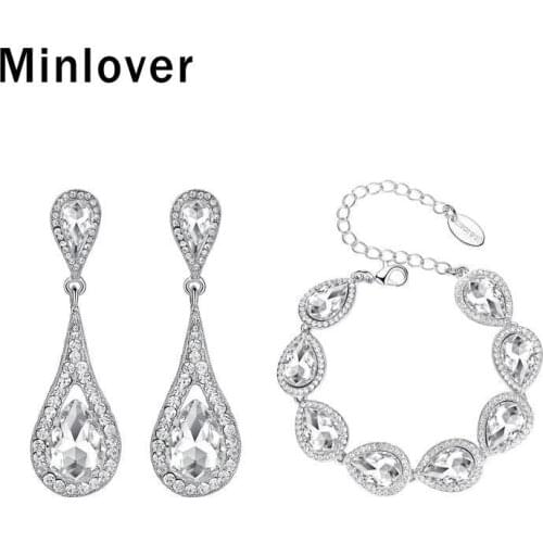 Minlover Silver Color Water Drop Wedding Jewelry Sets for Women Teardrop Clear Crystal Bridal Bracelet Earrings Gift EH246+SL051
