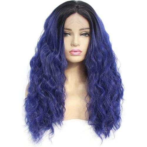 Fashion Deep Wave Lace Front Synthetic Wig Loose Curly Lace Front Hair Long Ombre Blue Pink Wig for Black Women Natural Hairline