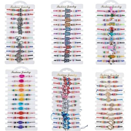 12pcs Handmade Woven Rope Chain Bracelet Set Enamel Turtle Charms Soft Clay Crystal Beads Bracelets for Women Girls Cuff Jewelry