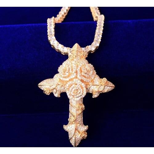 New Design Cubic Zircon Rose Flower Cross Pendant Necklace With Tennis Chain For Women Men Hip Hop Jewelry Dropshipping