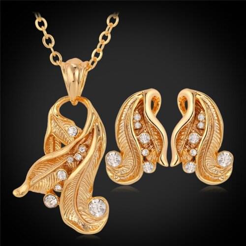 Gold Color With Austrian Rhinestone Necklace & Pendant Earrings Vintage Jewelry Set For Women PE3036