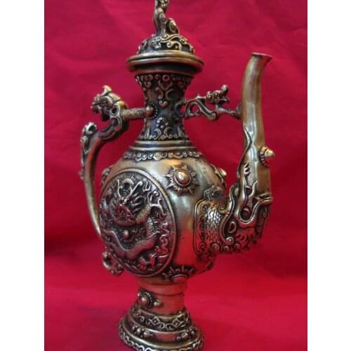 Rare Old Qing Dynasty (QianLong1736-1795)copper Flagon/Teapot,Sculpture dargon,With mark,Free shipping
