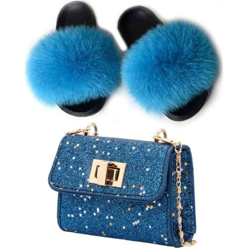 Baby Slippers Girls Fox Fur Slippers Baby Shoes Summer Children Slippers Girls Slides Children Bags Girls Fashion Sequin Purse