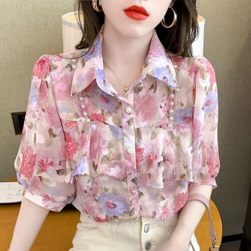 SOBURLUR Summer All-match Womens Blouses Chiffon Shirt Floral Pearl Basic Crop Top Woman Clothing LGirls Lady Blousas Loose