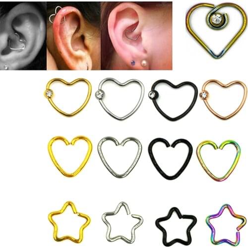 Showlove-2pcs Heart&Star Ear Helix Tragus Cartilage Studs Rings Piercing Earrings Nose Ring Surgical Steel Body Jewelry