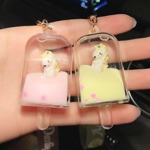 Creative Unicorn Doll Ice Cream Keychain Oil Liquid Floating Acrylic Key Ring Women Couple Car Bag Keyring Ornament Gifts