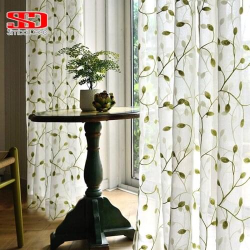 Embroidery Green Leaves Tulle Curtains For Living Room Window Screening Voile Sheer Curtain Chinese Ready Single Panel Decor