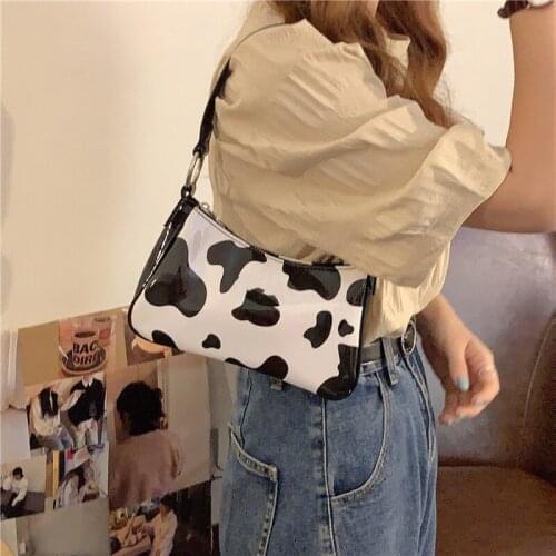 Vintage harajuku PU leather baguette bag kawaii cute sweet cow pattern spot handbag mini underarm bag axillary pouch