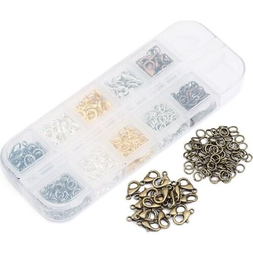 690pcs Lobster Clasps 12*6mm Jump Rings Link Loop 5mm Mixed Color DIY Jewelry Findings Connector Plastic Case Boxes Sets