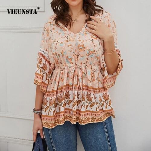 VIEUNST Womens Summer V-Neck Flowers Printing Half Sleeve Tops Women Slim Drawstring T-Shirt Fashion Casual Large Size Clothing