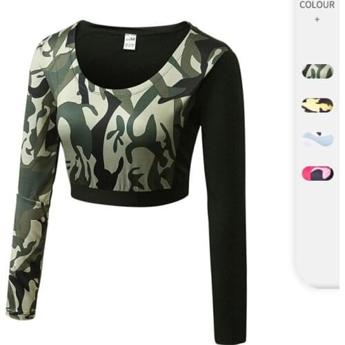 Womens fitness yoga clothes, sports running training, navel tight and quick-drying camouflage long-sleeved 5015