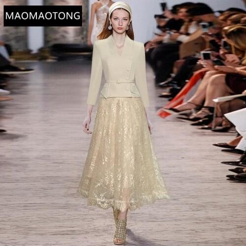 Womens Clothing Fashion Set Spring Womens V-neck Long sleeve Single-breasted Tops+Lace skirt Elegant Two-piece set