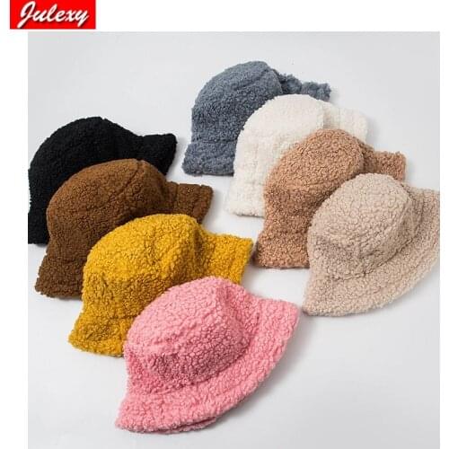 Women Hat Solid Artificial Fur Warm Female Cap Faux Fur Winter Bucket Hat for Women Outdoor Sunscreen Sun Hat Panama Lady Cap