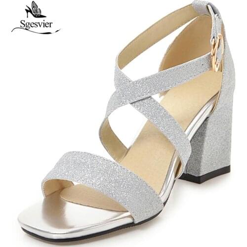 SGESVIER Summer New Arrival Women Sandals Thick High Heels Open Toe Gold Silver Party Wedding Shoes Lady Size 32-43 OX368