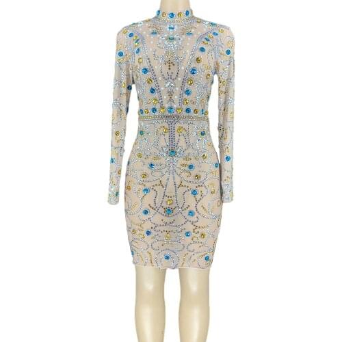 Multicolor Crystal Party Bodycon Dress Women Sexy Stretch Mesh Perspective Prom Rhinestone Dress Nightclub Dancer Sexy Dress