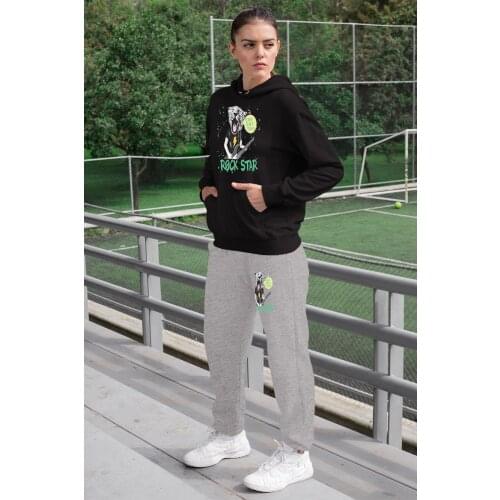 Angemiel Wear Rockstar Tiger Women 'S Tracksuit Set Black Hooded Sweatshirt White Sweatpants