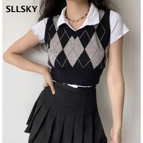 SLLSKY Vintage Argyle Plaid Sweater Vest Women V-Neck Female Sleeveless Tank Jumper Ladies Short Spring Knitting Pullovers Tops
