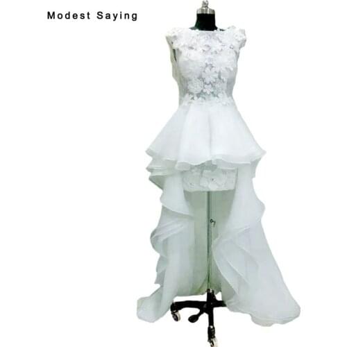 Real Romantic High Low Flowers Beaded Lace Wedding Dresses 2017 with Pelplum Formal Long Bridal Gowns vestidos de noivas BW150