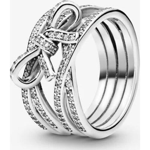 100% 925 Sterling Silver Clear CZ Rings for Women Sparkling Ribbon and Bow Ring Silver Fashion Jewelry bague femme