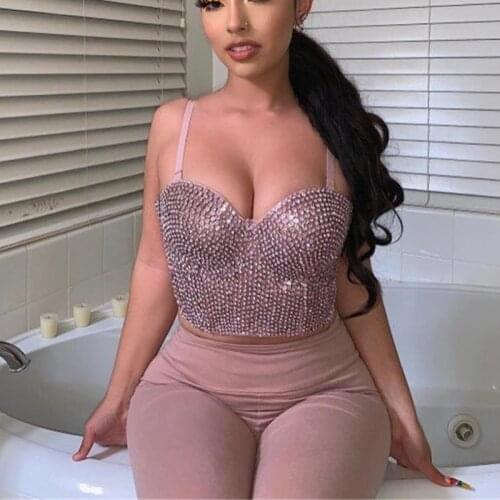 Hand-made Pearls Jewel Diamond beading Womens Sexy Bustier Bra Cropped sling Top Vest Bra bling High Quality