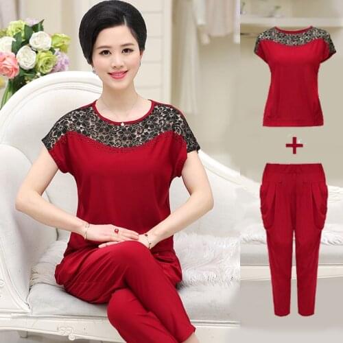 NIFULLAN 2Pcs/set, Fashion Women Summer Suit 5XL Plus Size Loose Mother Clothing Lace Short-Sleeve T-Shirt + Elastic Waist Pants