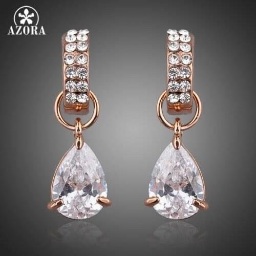 AZORA Unique Design Rose Gold Color with Transparent Cubic Zirconia Water Drop Drop Earrings TE0038