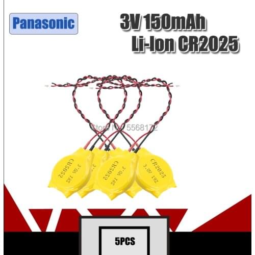 5pcs CR2025 150mah Panasonic Button Battery with Wire and Plug CMOS 3V BIOS Battery for Notebook motherboard
