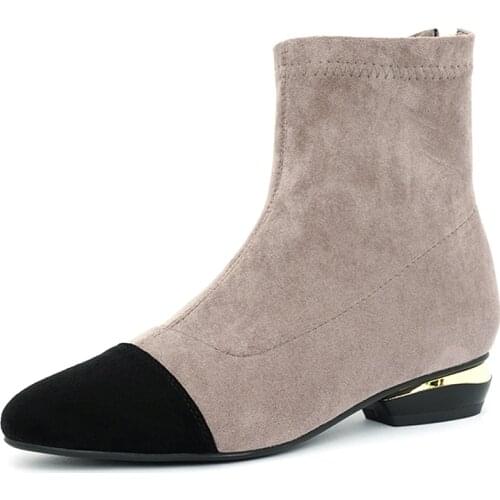 Matte Suede Low-Heeled Elastic Boots Slim Back Zipper Leather Inside Oversized Khaki Ankle Boots Gray Elegant Womens Shoes