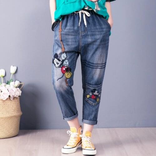 Disney Mickey Mouse Loose Jeans Womens Elastic High Waist 2021 Spring New Embroidery Mickey Mouse Plus Size Cropped Trousers