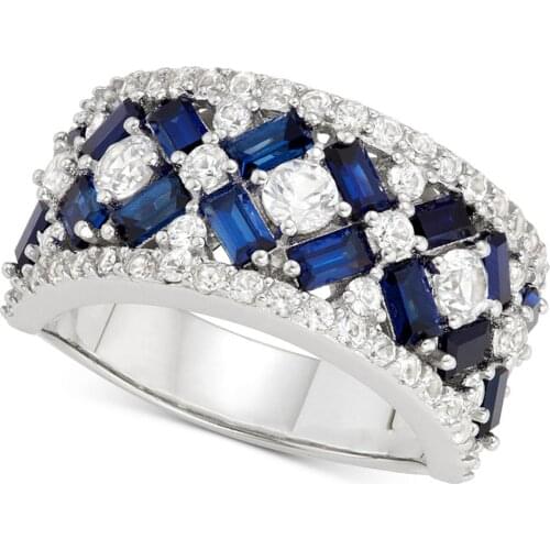 Huitan Gorgeous Crystal Round with Blue Rectangle CZ Band Ring for Women Top Quality Wedding Jewelry Anniversary Gift Lady Rings